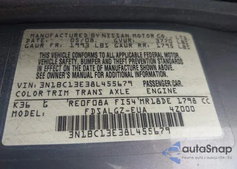 2008 Nissan Versa 1.8Sl z USA, uszkodzony, nr VIN 3N1BC13E38L455679